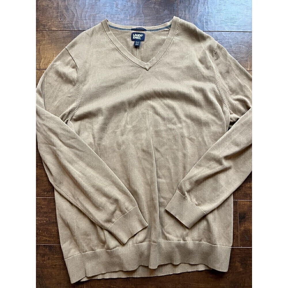 Lands End Supination Cotton Than Brown Long Sleeve V-Neck Sweater Size XLT